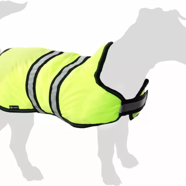 Flamingo Eisbär   Kledij WINTERJAS EISBÄR FLUO GEEL 70CM De Winterjas Eisbär Fluo Geel is ideaal voor jouw huisdier tijdens koude dagen. Het is gemaakt van ademend polyester met polyestervezel vulling en kan gewassen worden op 30°C. De jas heeft reflecterende nek- en buikriemen en klittenband. Dankzij de PU polyurethaan coating is de jas waterbestendig en winddicht. Het heeft elastieken voor de achterpoten en een opening voor de leiband.