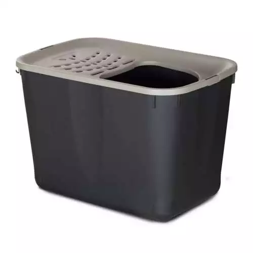 Dit moderne en praktische ECO kattentoilet van duvoplus heeft een opening aan de bovenkant waardoor de kattenbakvulling